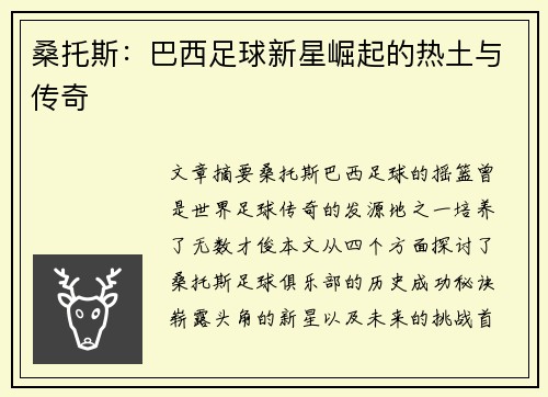 桑托斯：巴西足球新星崛起的热土与传奇